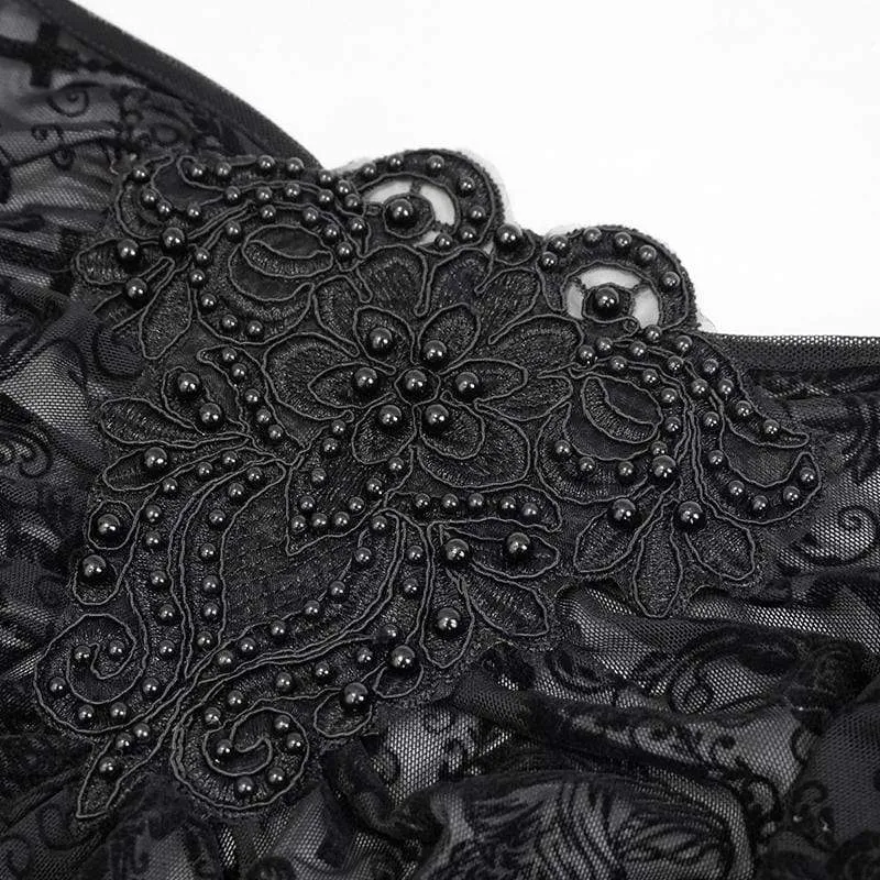 Gothic-Blumenstickerei für Damen durchsichtiges schwarzes Mesh-Oberteil