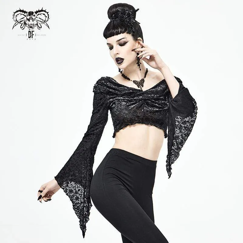 Schwarzes, schulterfreies Gothic-Crop-Top mit ausgestellten Ärmeln für Damen
