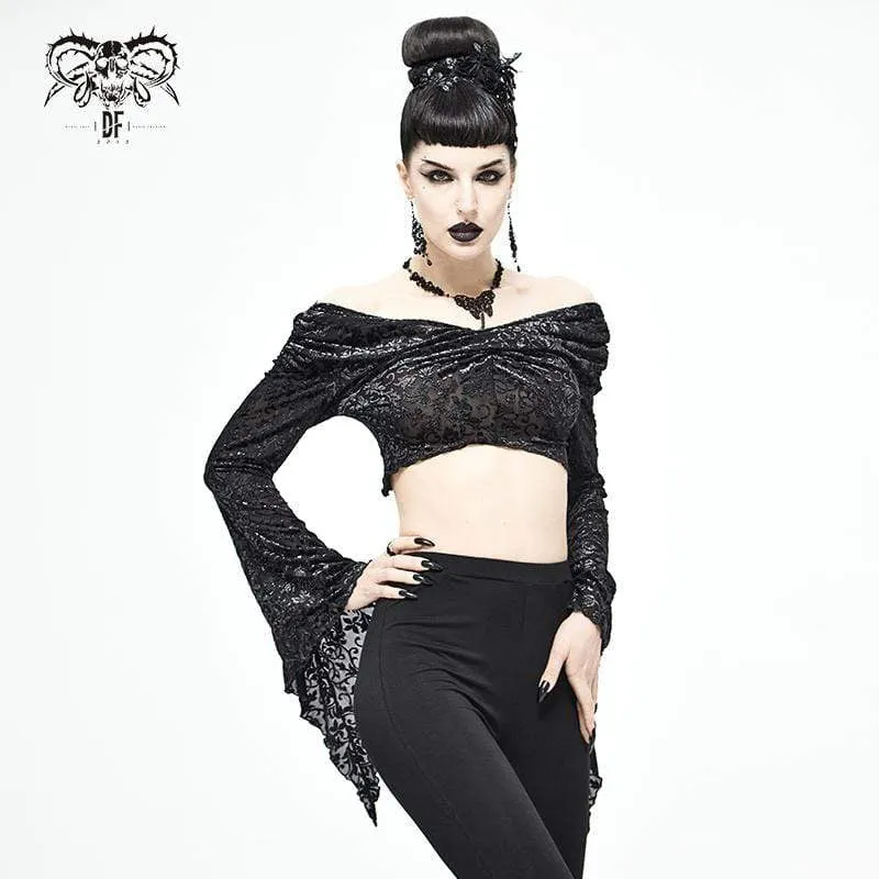 Schwarzes, schulterfreies Gothic-Crop-Top mit ausgestellten Ärmeln für Damen