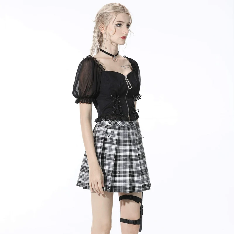 Schwarzes Crop Top mit Punk-Puffärmeln und Reißverschluss für Damen