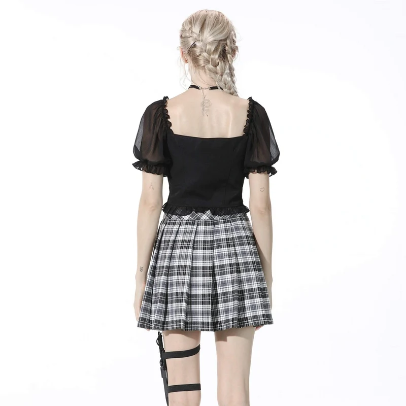 Schwarzes Crop Top mit Punk-Puffärmeln und Reißverschluss für Damen
