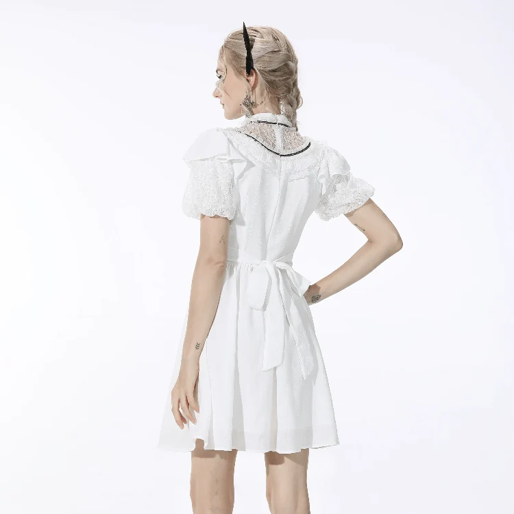 Weißes Gothic-Kleid mit Puffärmeln und Schleife für Damen, ideal für den Schulabschluss