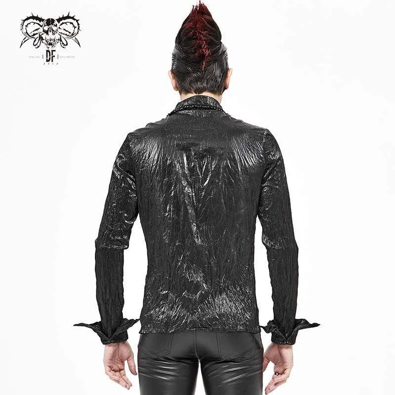 Herren Gothic Vintage Drape Kunstleder Schwarzes Hemd