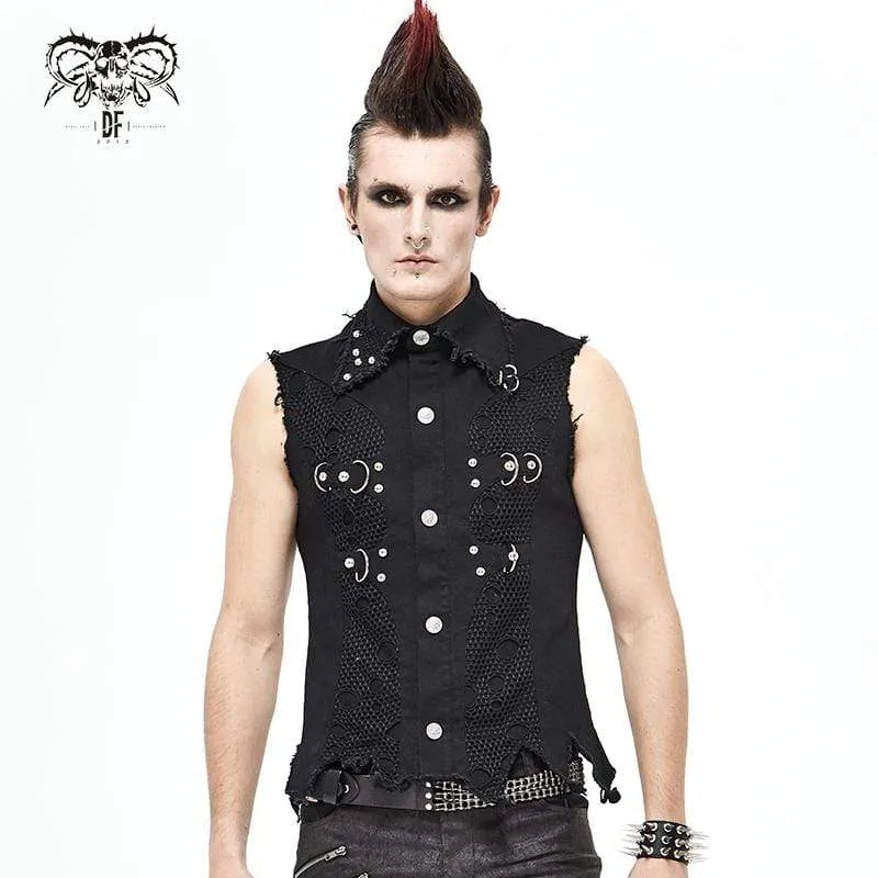 Herren Gothic Punk Ripped Turndown Kragen Schwarzes Hemd mit unregelmäßigem Saum