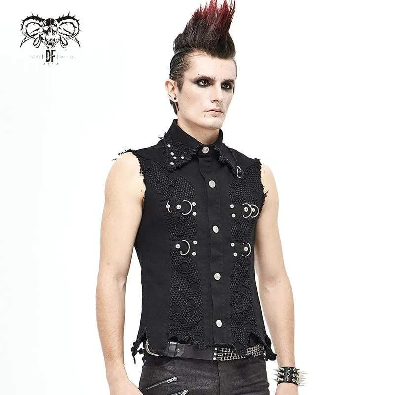 Herren Gothic Punk Ripped Turndown Kragen Schwarzes Hemd mit unregelmäßigem Saum