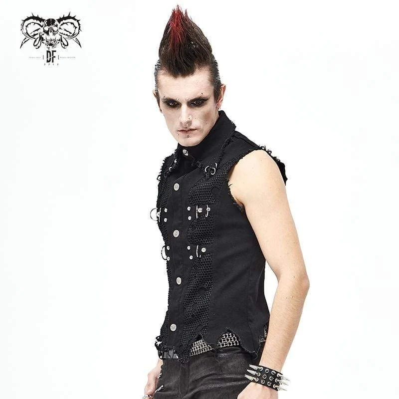 Herren Gothic Punk Ripped Turndown Kragen Schwarzes Hemd mit unregelmäßigem Saum