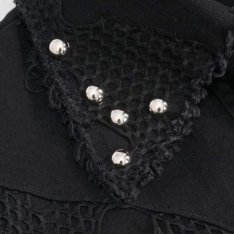 Herren Gothic Punk Ripped Turndown Kragen Schwarzes Hemd mit unregelmäßigem Saum