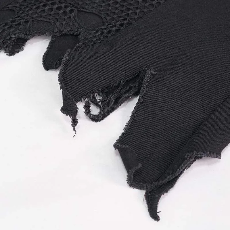 Herren Gothic Punk Ripped Turndown Kragen Schwarzes Hemd mit unregelmäßigem Saum