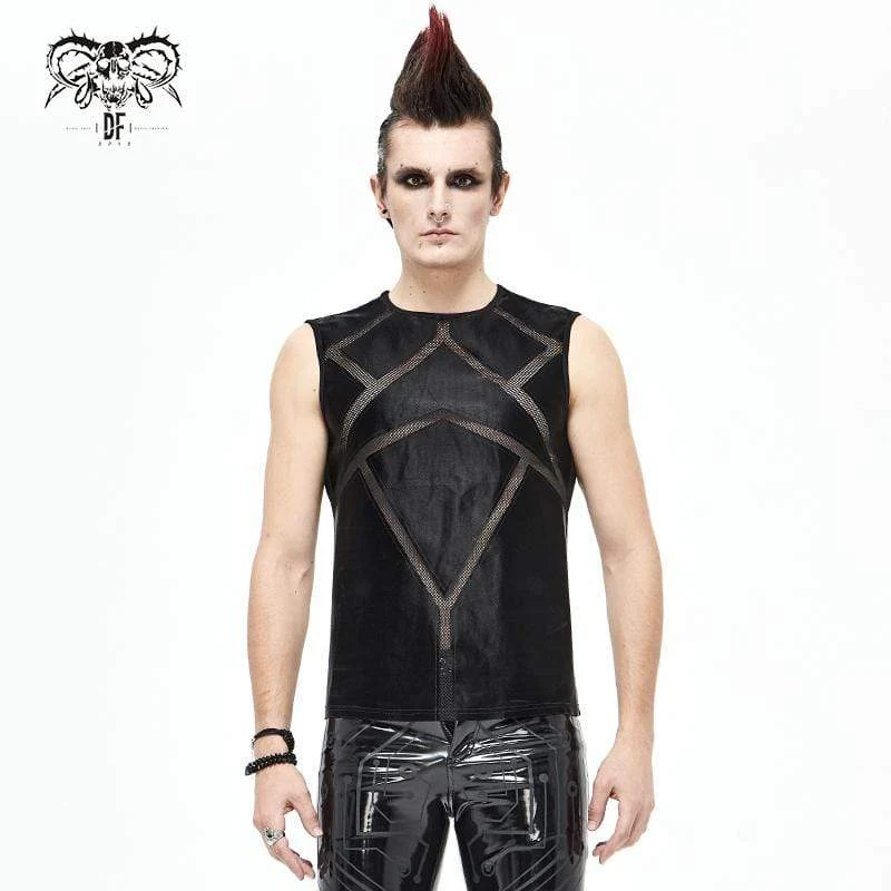 Herren Gothic Punk Mesh Kunstleder Tanktops Schwarz
