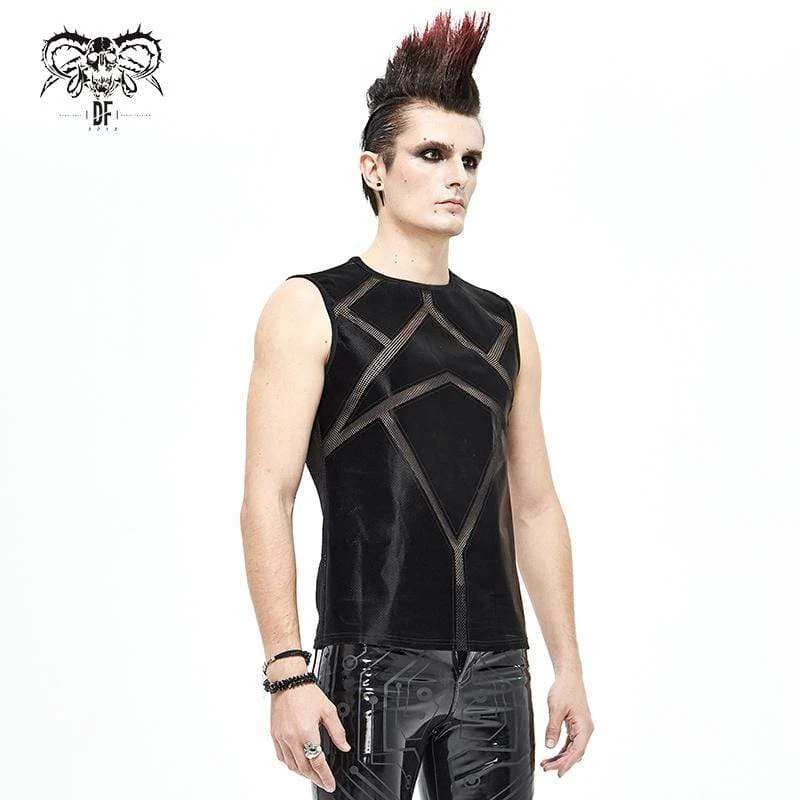 Herren Gothic Punk Mesh Kunstleder Tanktops Schwarz