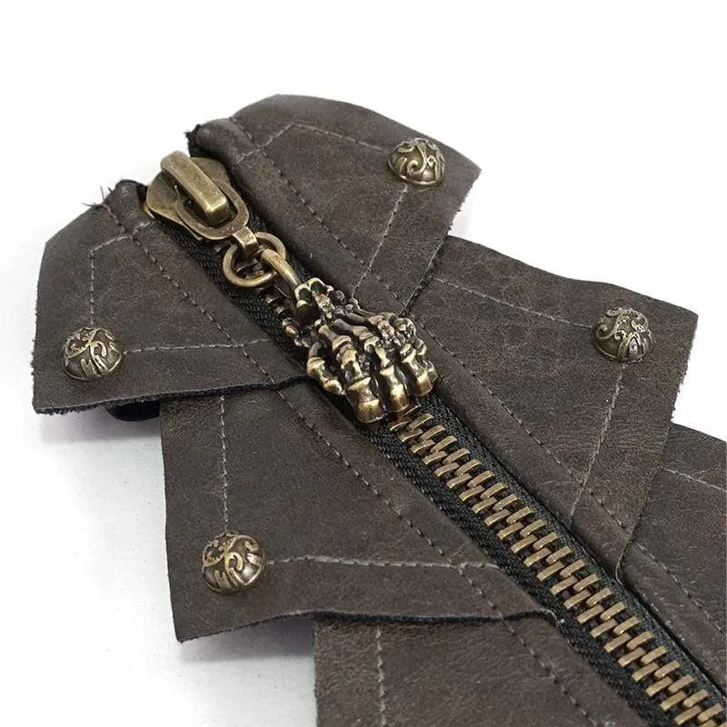 Herren Gothic Rivets Elastische Bandage Braune Handschuhe mit Totenkopf-Reißverschluss