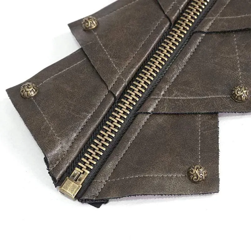 Herren Gothic Rivets Elastische Bandage Braune Handschuhe mit Totenkopf-Reißverschluss