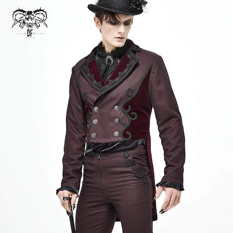 Herren Gothic Zweireiher Jacquard Schwalbenschwanz Anzug Mantel Dunkelrot