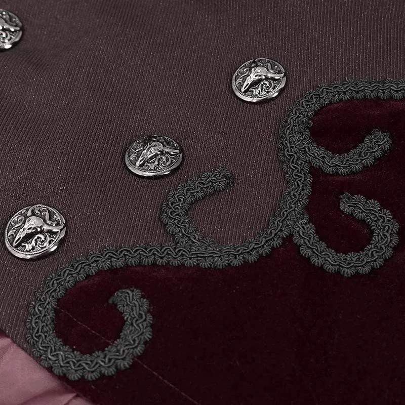 Herren Gothic Zweireiher Jacquard Schwalbenschwanz Anzug Mantel Dunkelrot