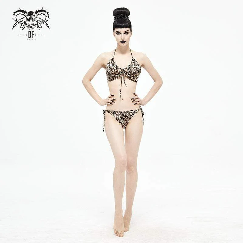 Damen Grunge Leopard Bedruckter Neckholder Bikini mit seitlicher Krawatte