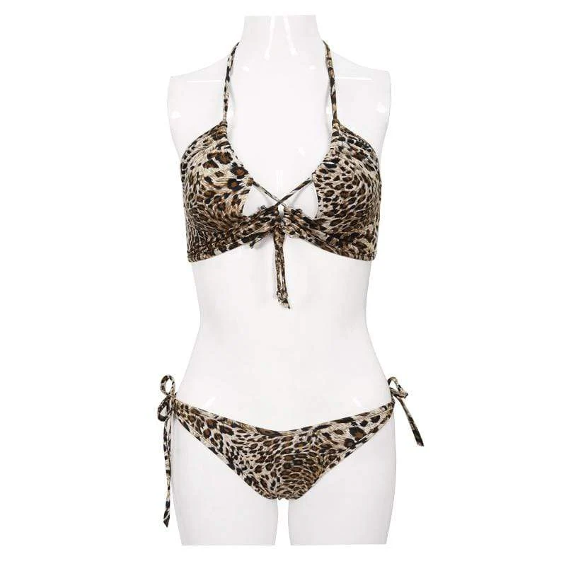 Damen Grunge Leopard Bedruckter Neckholder Bikini mit seitlicher Krawatte