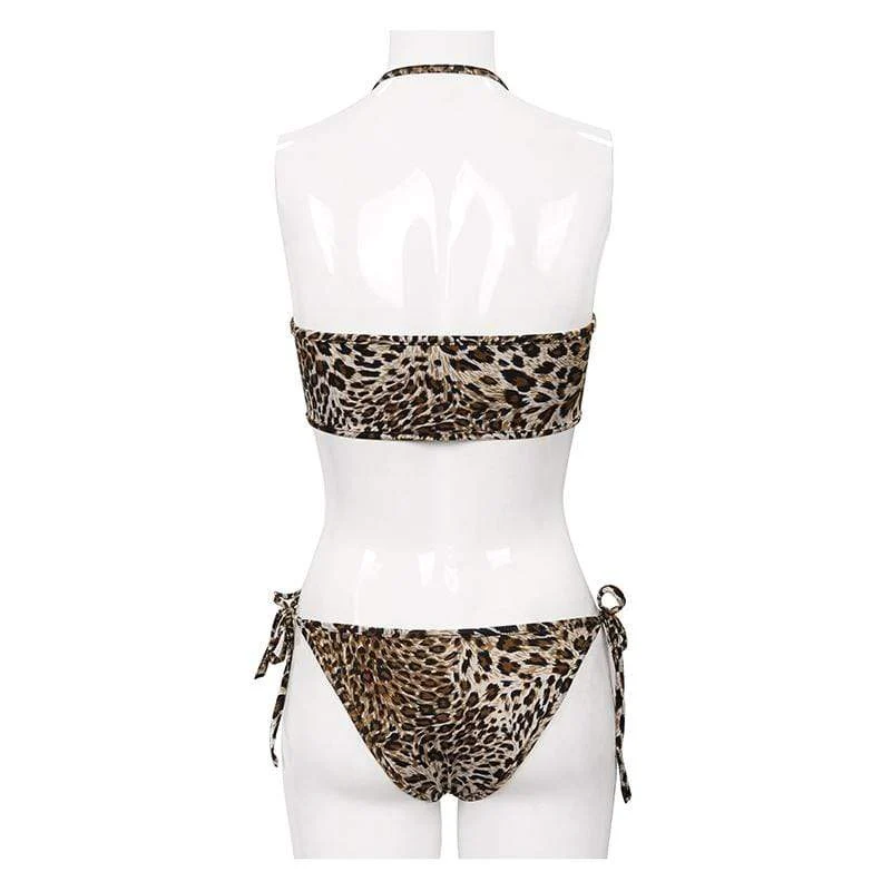 Damen Grunge Leopard Bedruckter Neckholder Bikini mit seitlicher Krawatte
