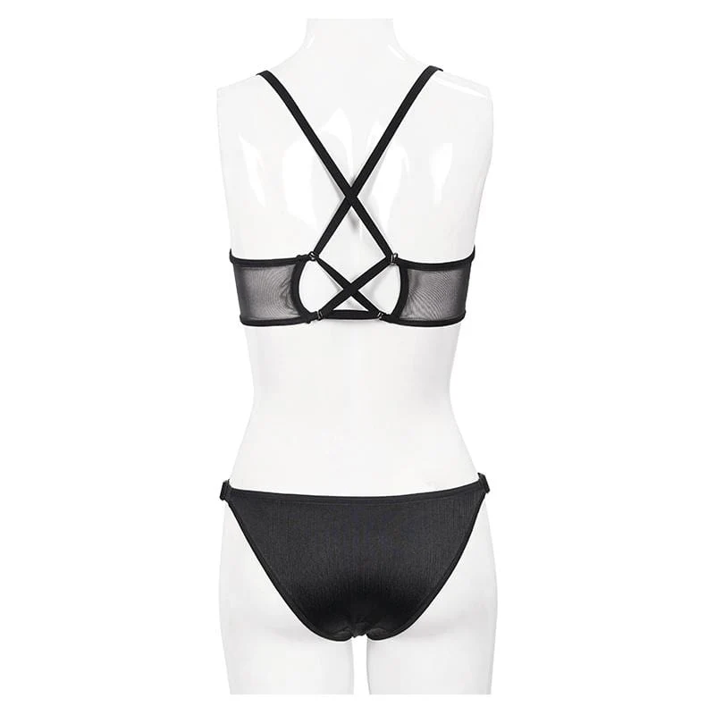 Frauen Gothic Black Net Overlay Triangle Bikini