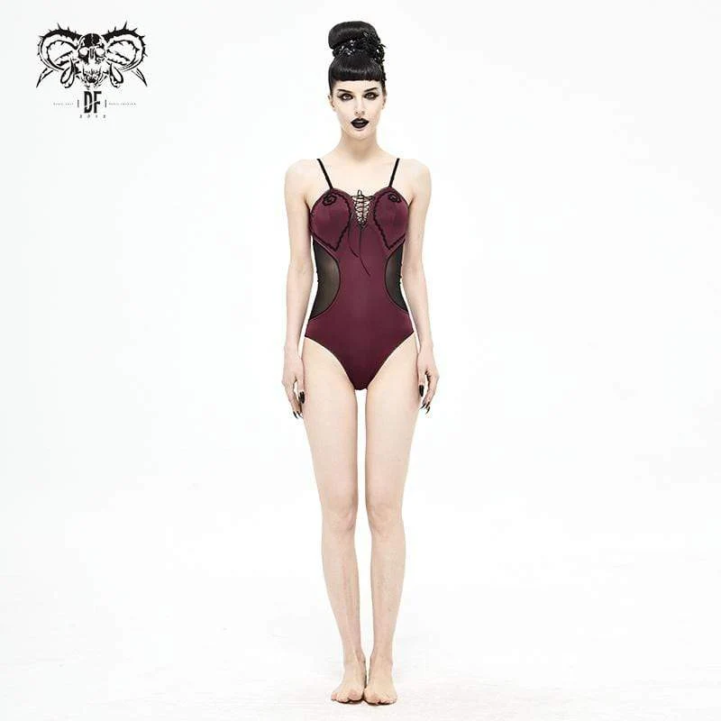 Gothic Badeanzug für Damen in Weinrot mit Ausschnitt und schwarzen Trägern