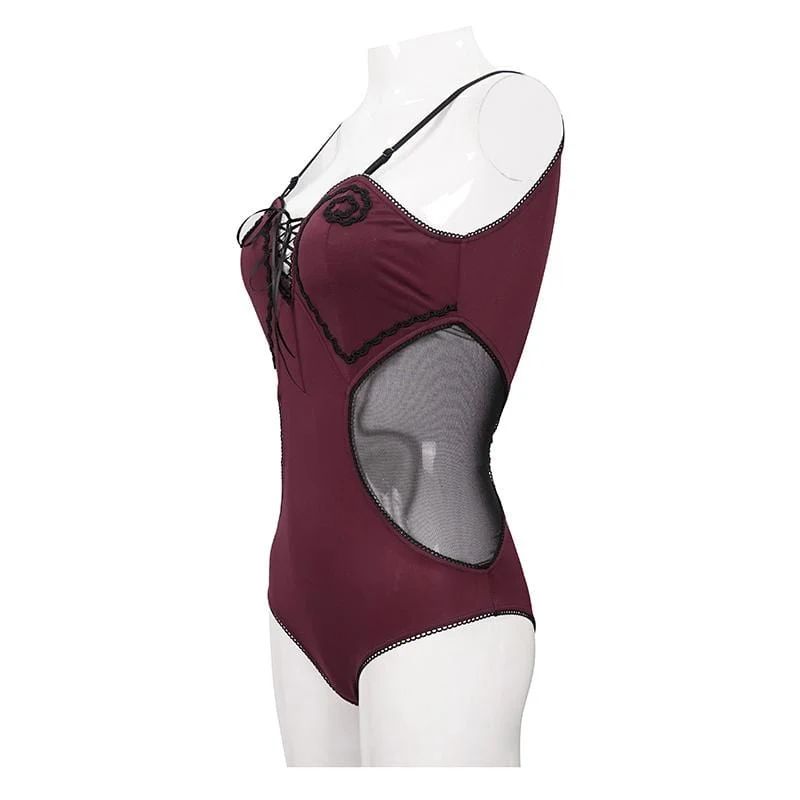 Gothic Badeanzug für Damen in Weinrot mit Ausschnitt und schwarzen Trägern
