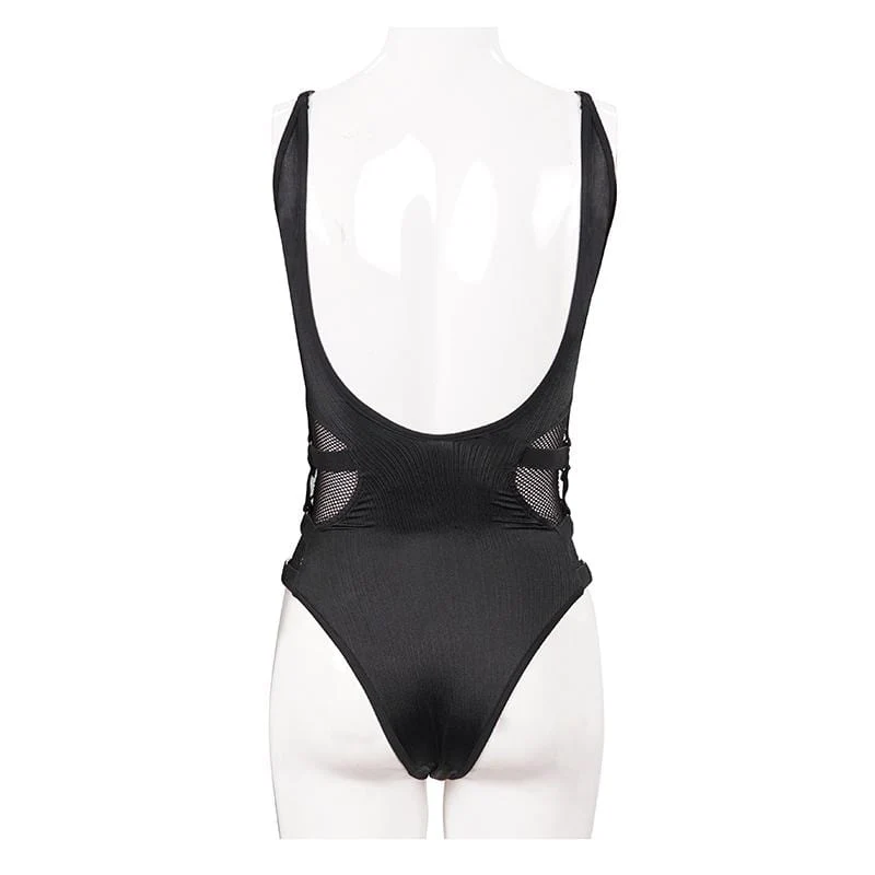Damen Gothic Black Cutout Net Insert Einteiliger Badeanzug