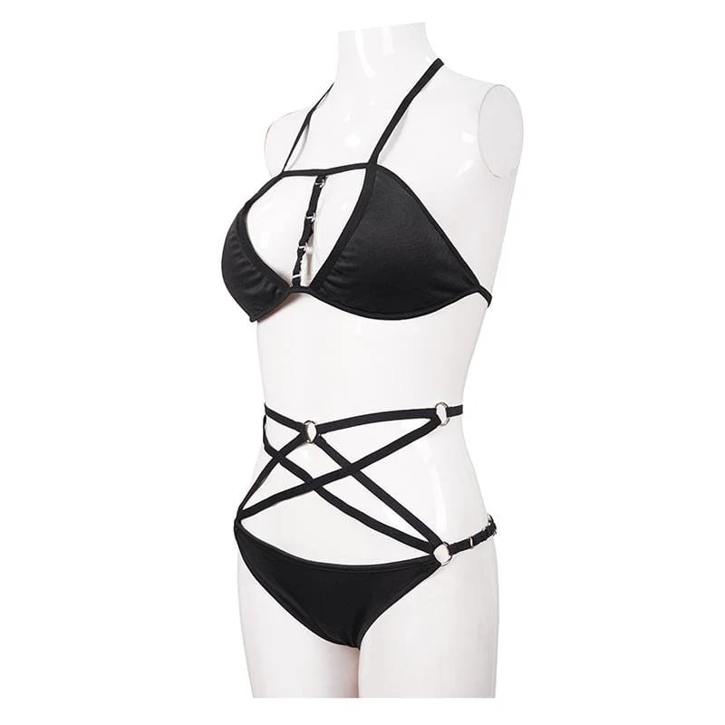 Frauen Punk Triangle Neckholder Riemchen Bikini