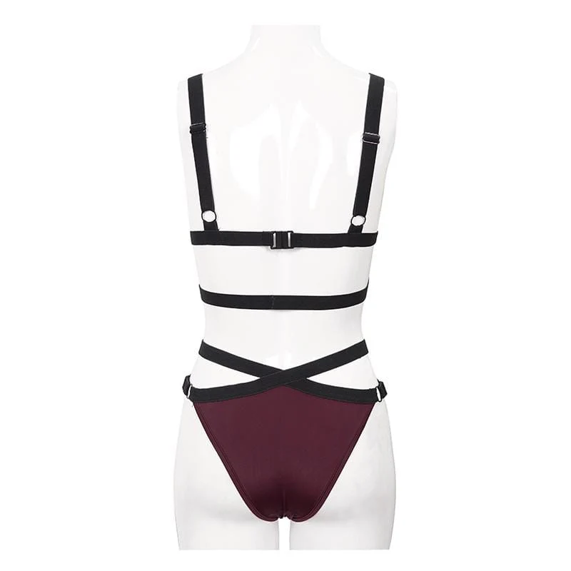 Frauen Gothic Wine Red Strappy Bikini