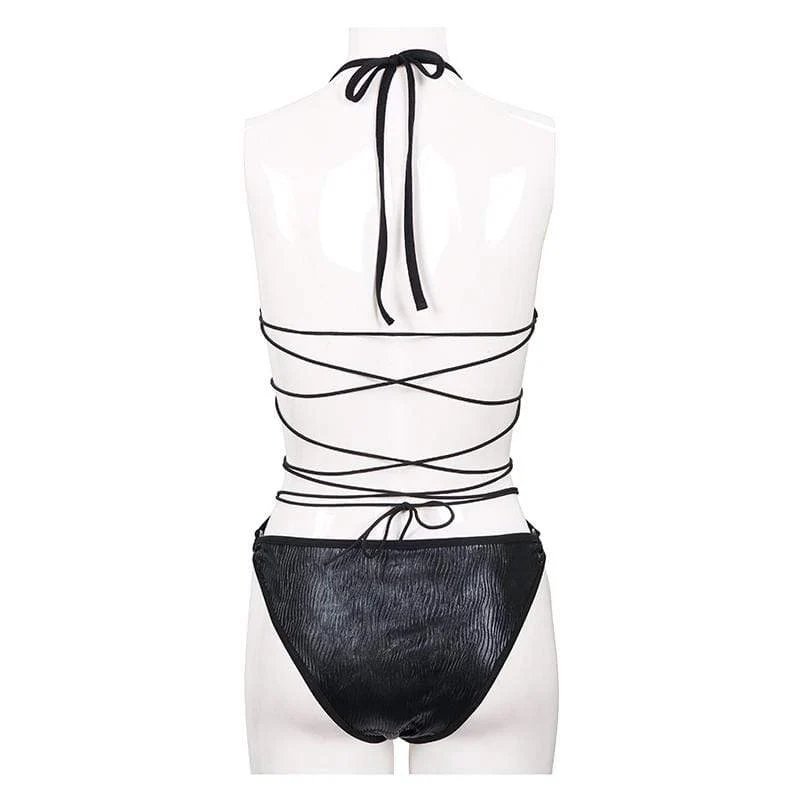 Damen Gothic Punk Black Cutout Neckholder Badeanzug