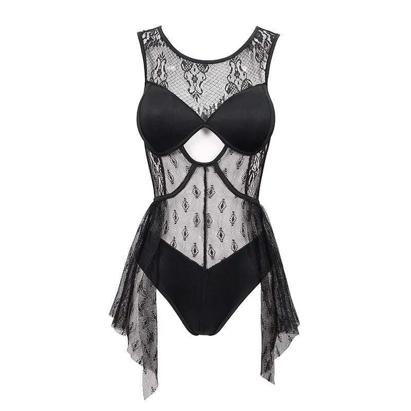 Damen Gothic Punk Schwarz Lacy One Piece Cutout Badeanzug