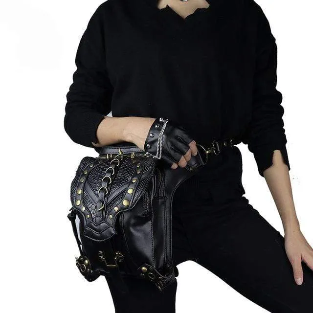 Damen Steampunk Chain Kunstleder Gürteltasche Steampunk Hip Bag Black Holster