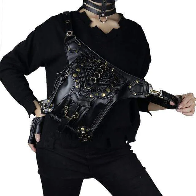 Damen Steampunk Chain Kunstleder Gürteltasche Steampunk Hip Bag Black Holster
