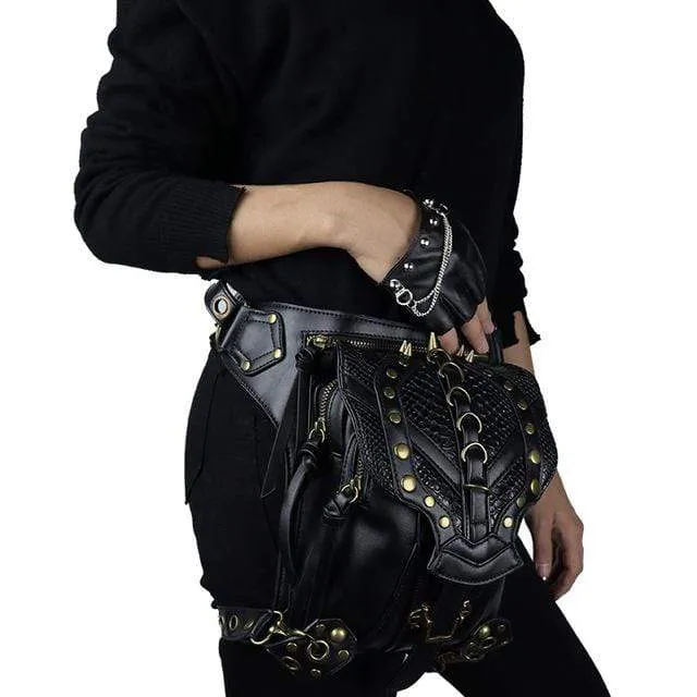 Damen Steampunk Chain Kunstleder Gürteltasche Steampunk Hip Bag Black Holster