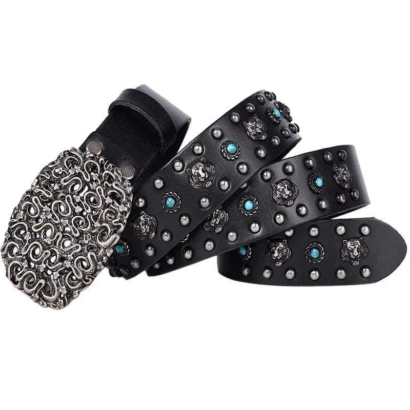 Herren Gothic Gürtel mit blauen Perlen und Nieten von Tigern und