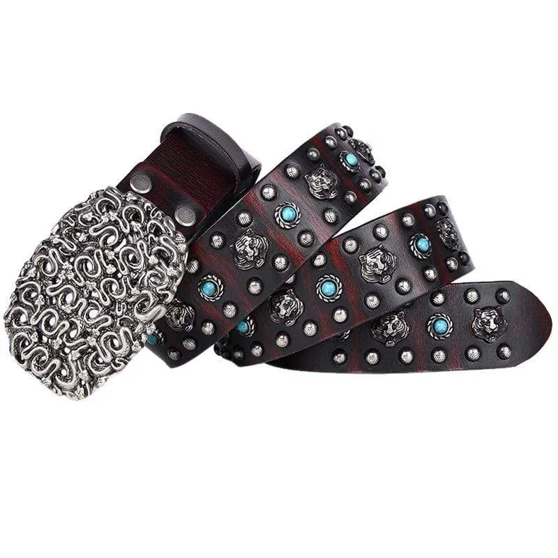 Herren Gothic Gürtel mit blauen Perlen und Nieten von Tigern und