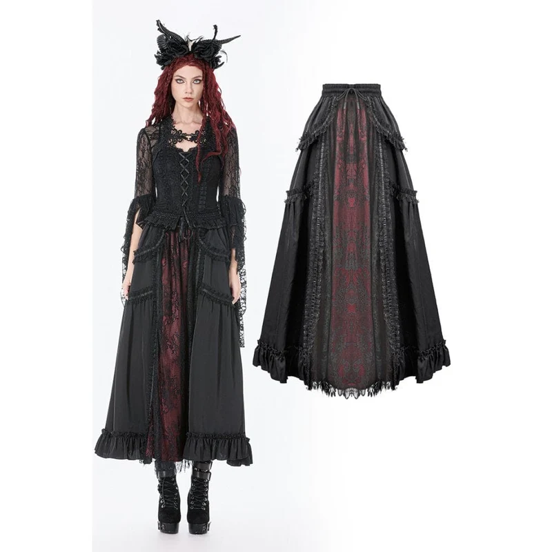 Gothic-Maxirock mit Rüschen und Spitze für Damen, schwarz-rot