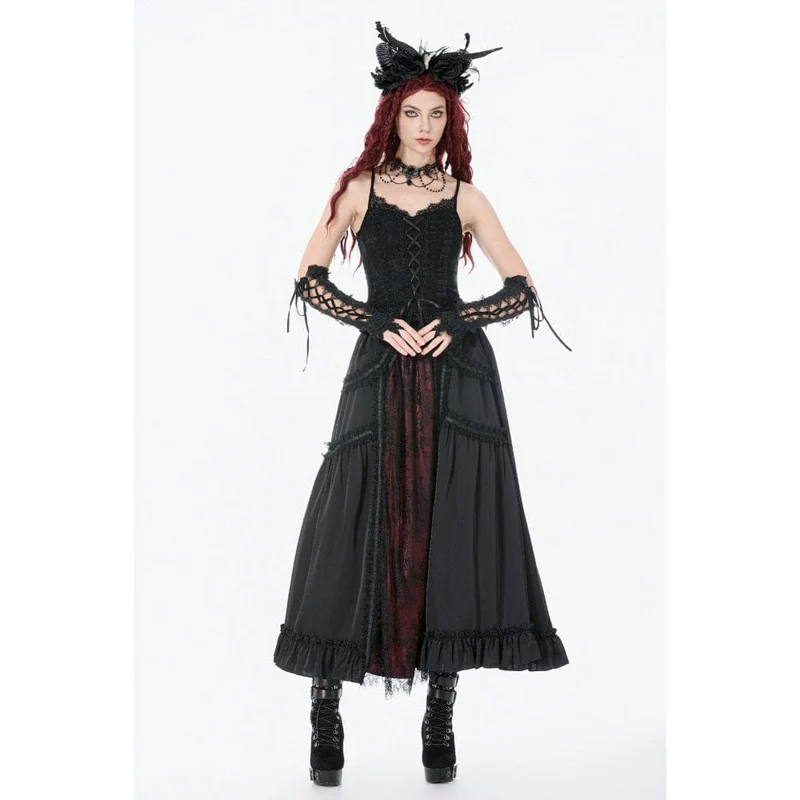 Gothic-Maxirock mit Rüschen und Spitze für Damen, schwarz-rot