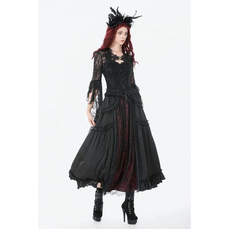 Gothic-Maxirock mit Rüschen und Spitze für Damen, schwarz-rot