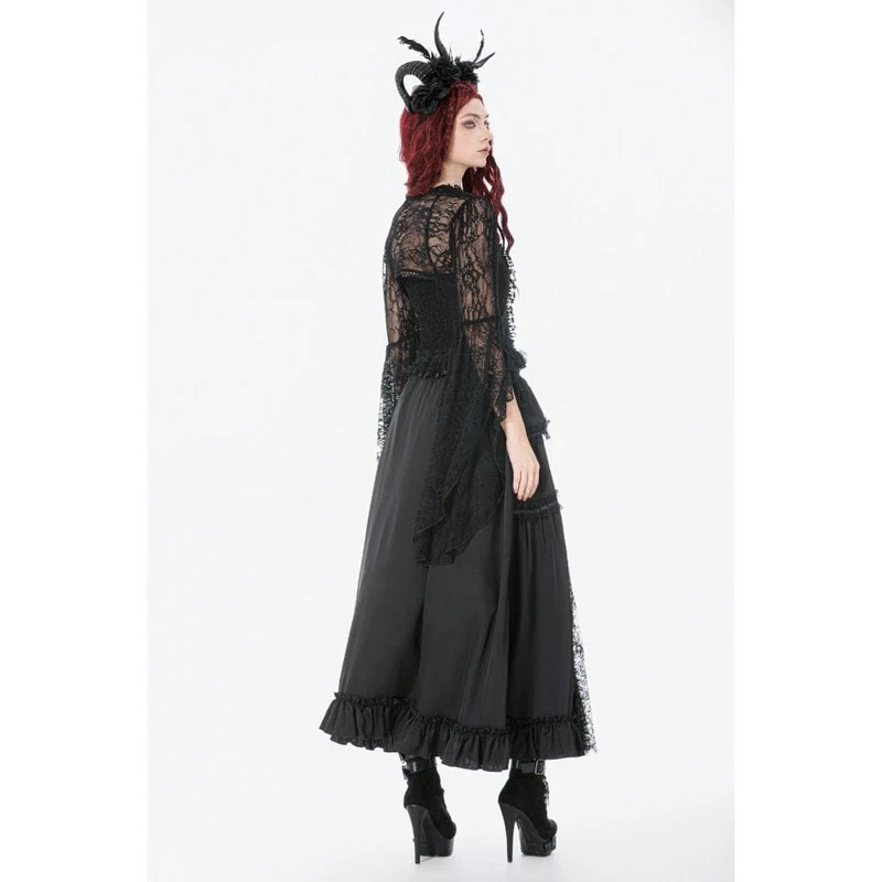 Gothic-Maxirock mit Rüschen und Spitze für Damen, schwarz-rot