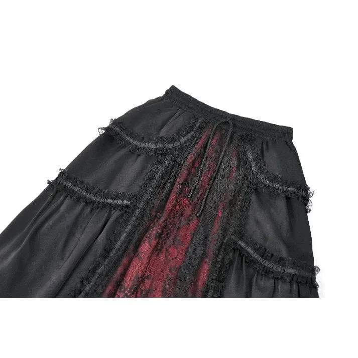 Gothic-Maxirock mit Rüschen und Spitze für Damen, schwarz-rot