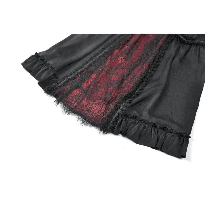 Gothic-Maxirock mit Rüschen und Spitze für Damen, schwarz-rot