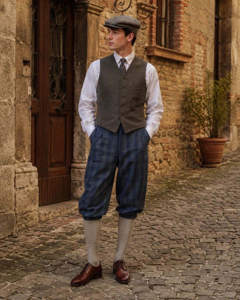 Blaugraue Karo-Knickerbocker Hose Herren Gr. 46 aus Wollmix