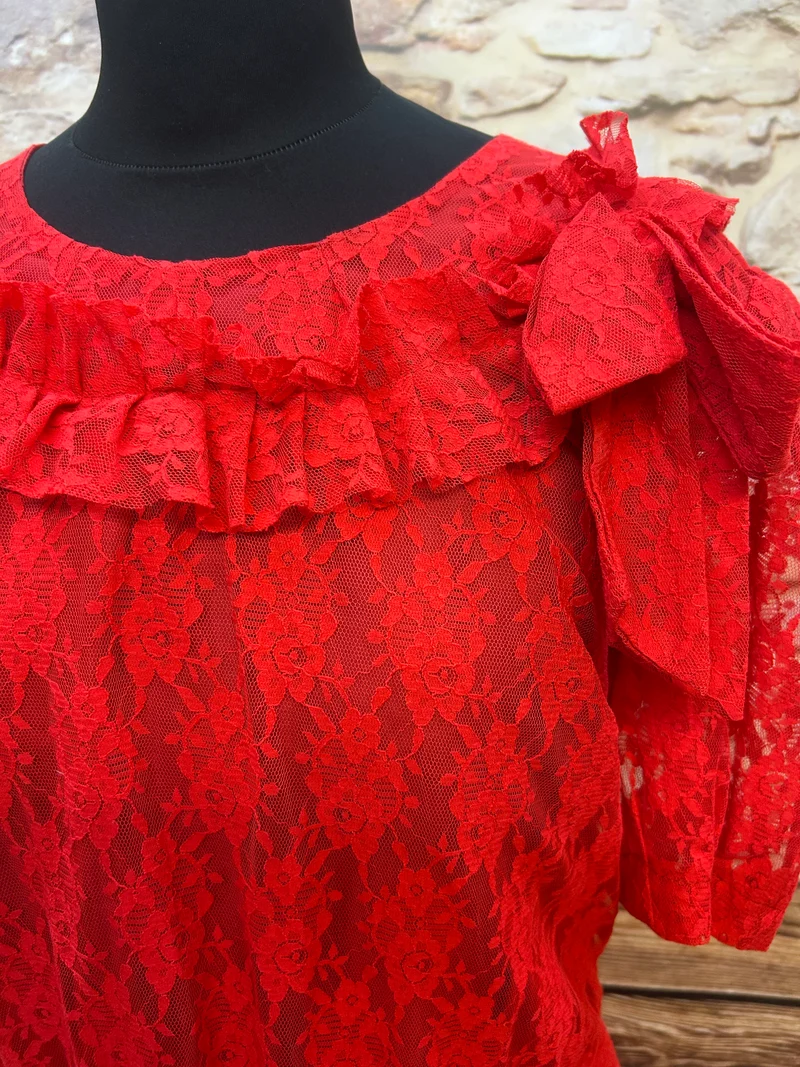 Theater Abendkleid Rot Spitze – Dramatisches Bühnenkleid Maxi Gr. 44