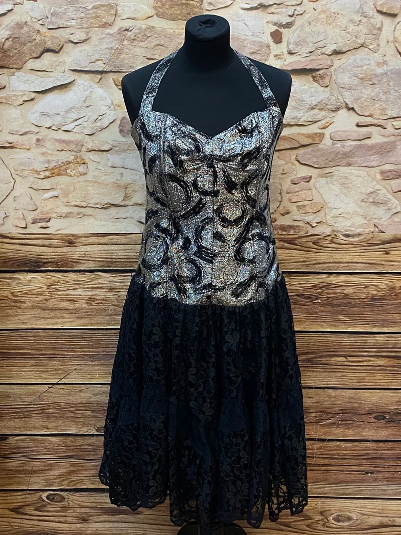 Vintage Cocktailkleid silber schwarz Lurex Spitze Gr. 40