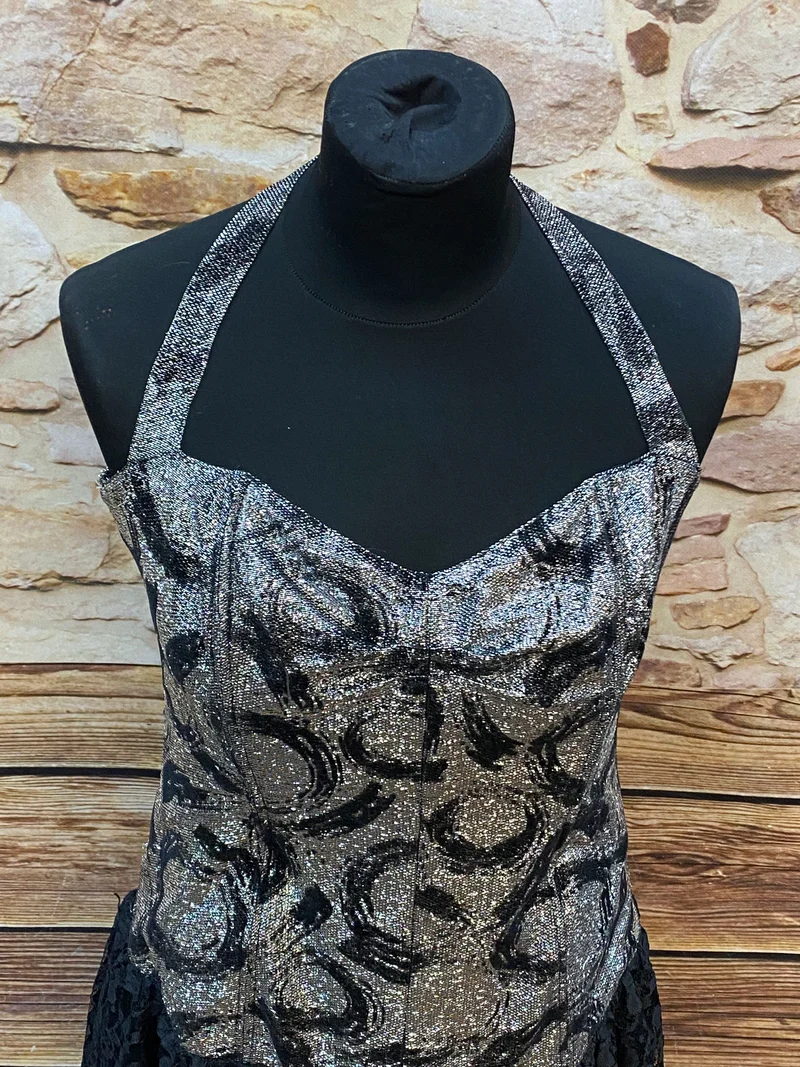 Vintage Cocktailkleid silber schwarz Lurex Spitze Gr. 40