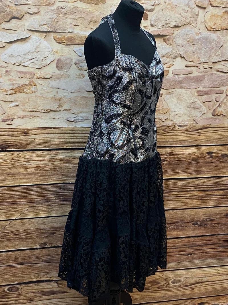 Vintage Cocktailkleid silber schwarz Lurex Spitze Gr. 40