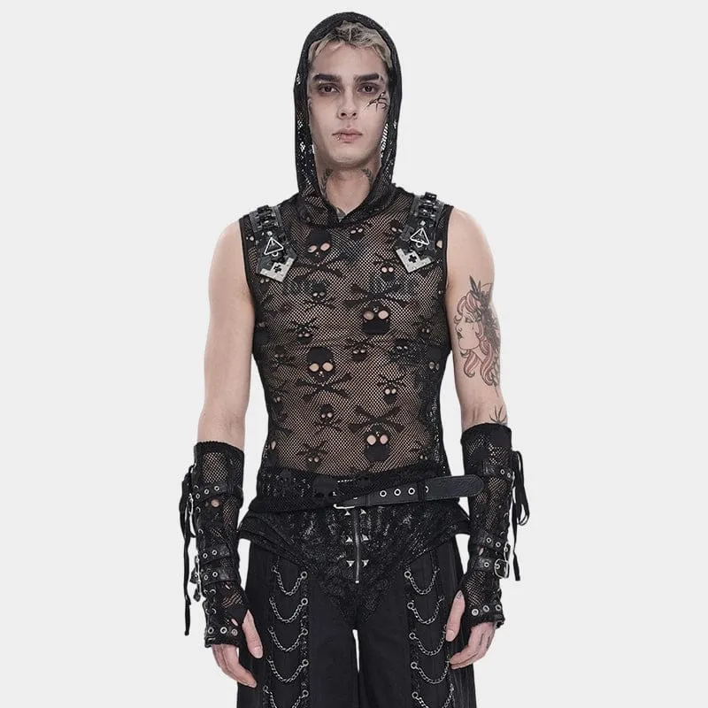 Punk-Tanktop für Herren mit Totenkopf-Kapuze und Mesh-Einsatz