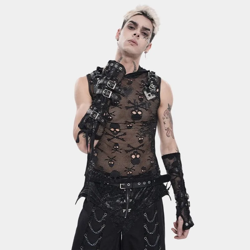 Punk-Tanktop für Herren mit Totenkopf-Kapuze und Mesh-Einsatz