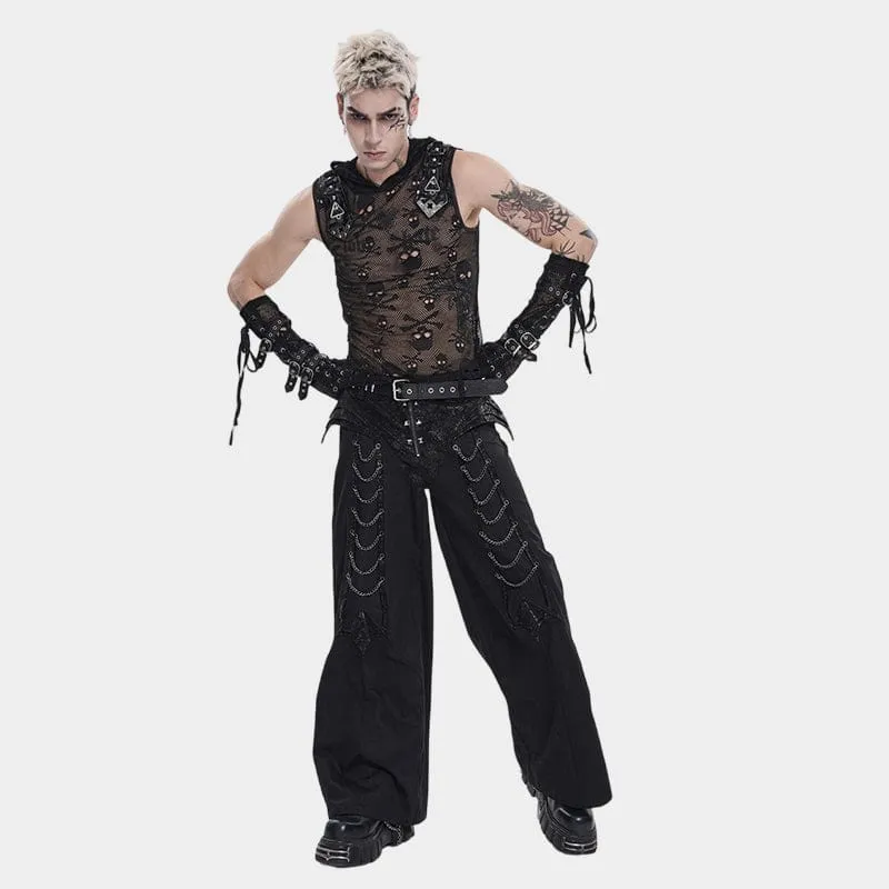 Punk-Tanktop für Herren mit Totenkopf-Kapuze und Mesh-Einsatz