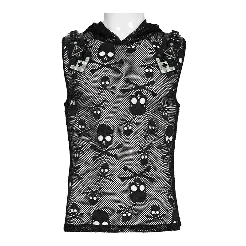 Punk-Tanktop für Herren mit Totenkopf-Kapuze und Mesh-Einsatz