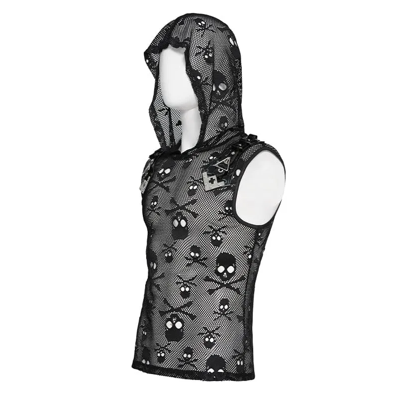 Punk-Tanktop für Herren mit Totenkopf-Kapuze und Mesh-Einsatz